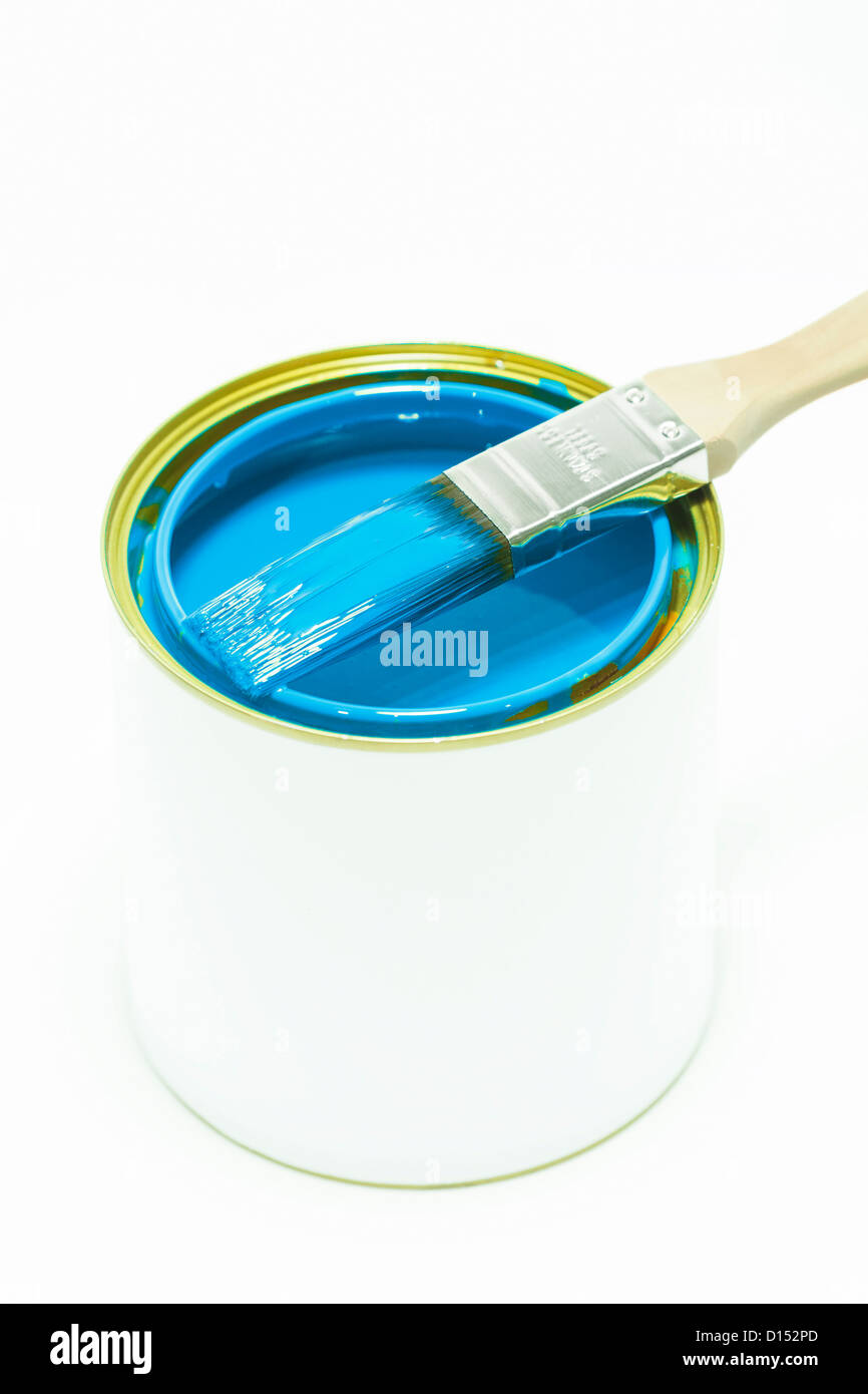 Può con blue pittura ad olio. Molto superficiale DOF. Isolato su bianco. Foto Stock