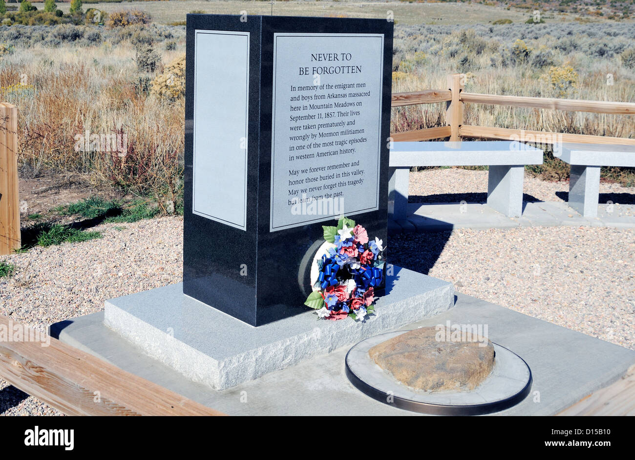 Prati di montagna massacro memorial - USA Utah. Sito di un massacro da milizie mormone contro un pioniere vagone treno di civili. Foto Stock