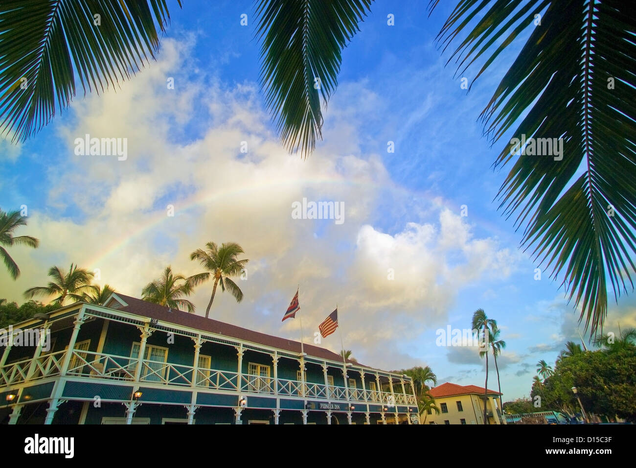 Hawaii Maui Lahaina, anteriore & Canal San con Pioneer Inn all'angolo. Foto Stock