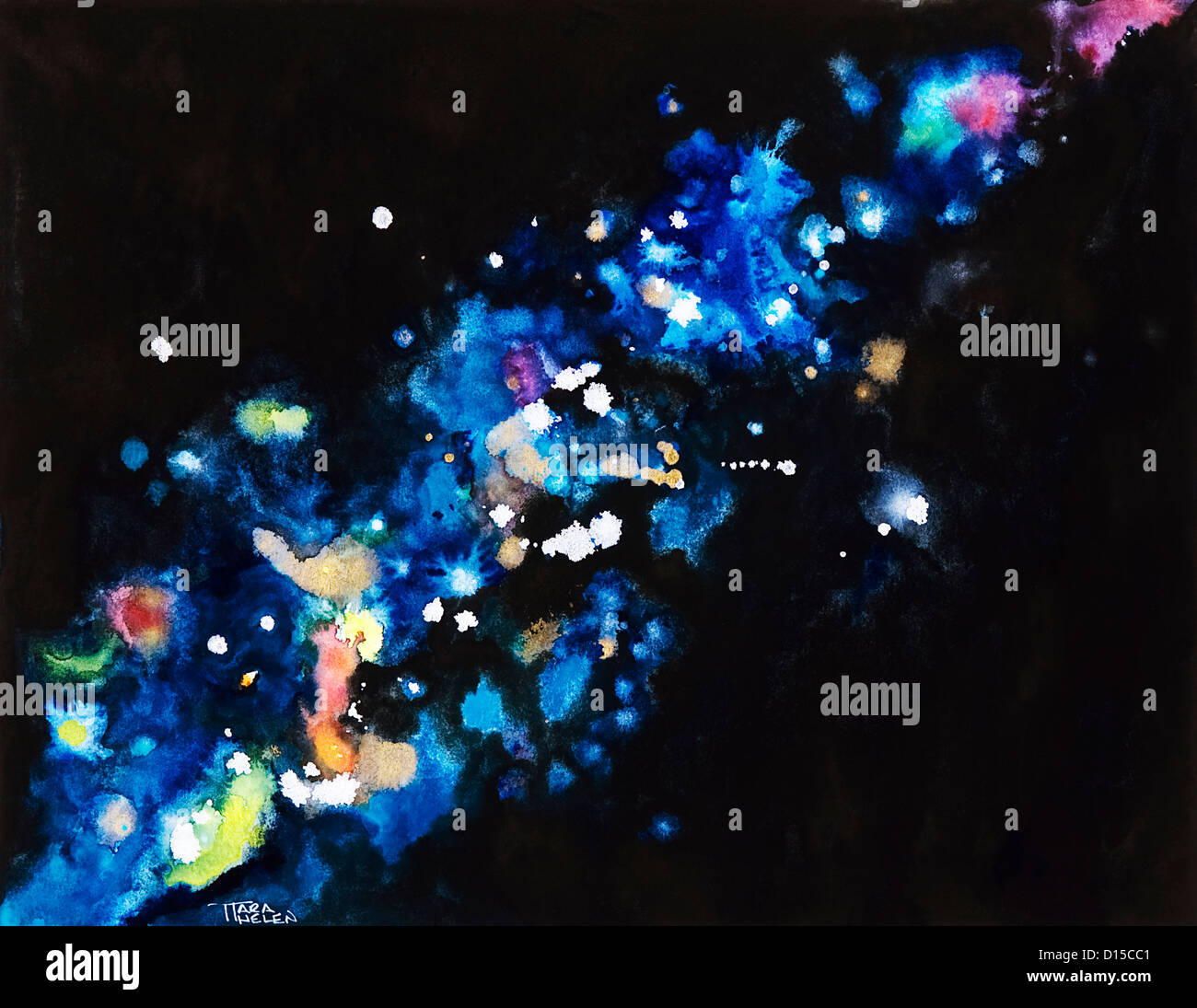 Scintille cosmica, astratta di scintille e le tenebre (pittura ad acquerello). Foto Stock