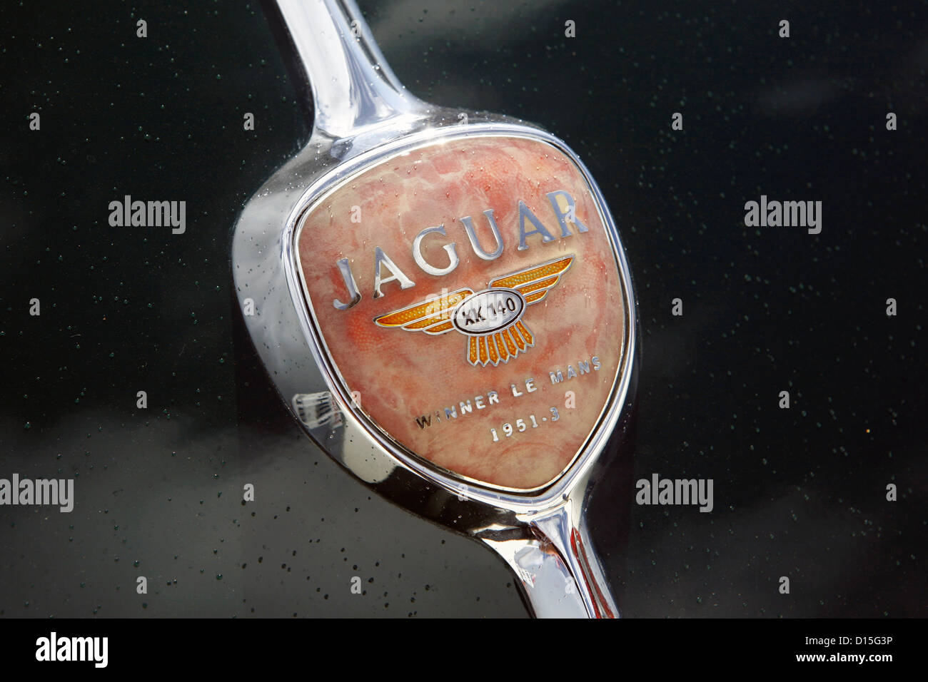 Una foto vicina del badge di un classico della Jaguar XK140 auto presso un'auto show. Foto Stock