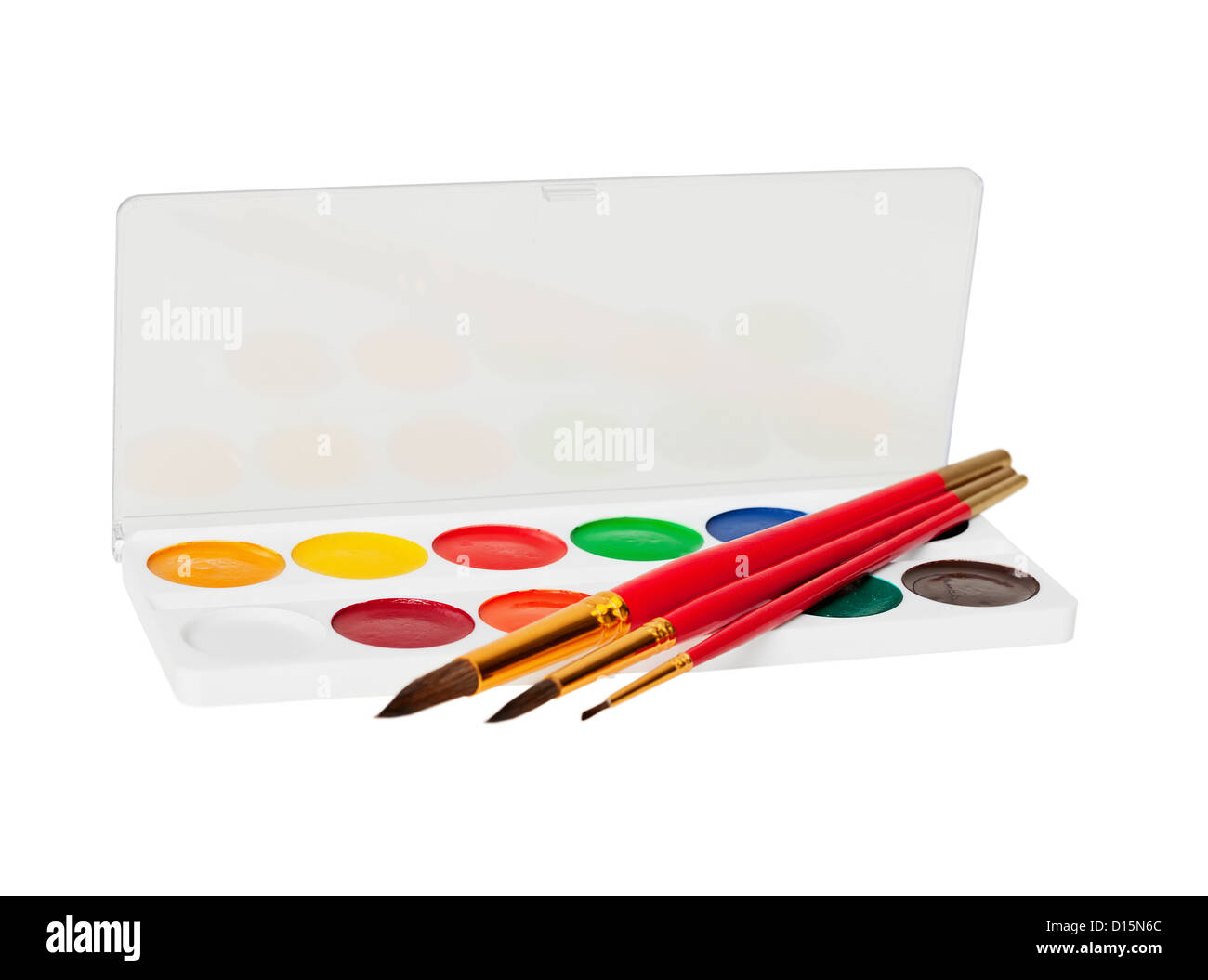 Vernici ad acquerello e spazzole isolati su sfondo bianco Foto Stock