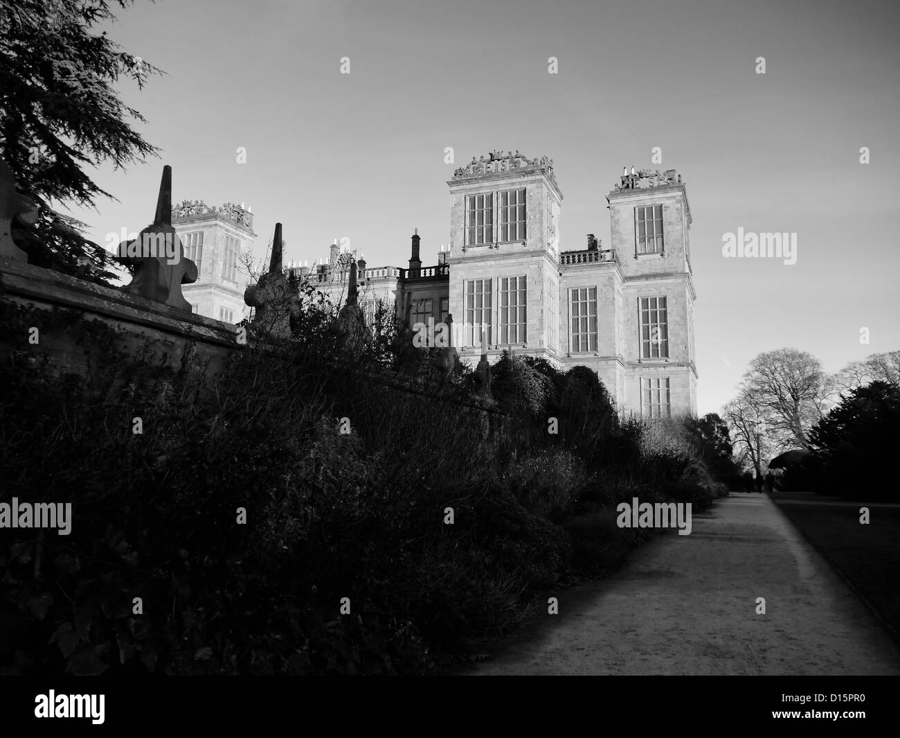 Hardwick Hall e giardini, Elizabethan country house, Doe Lea, Chesterfield, Derbyshire, Inghilterra, Regno Unito. In bianco e nero Foto Stock