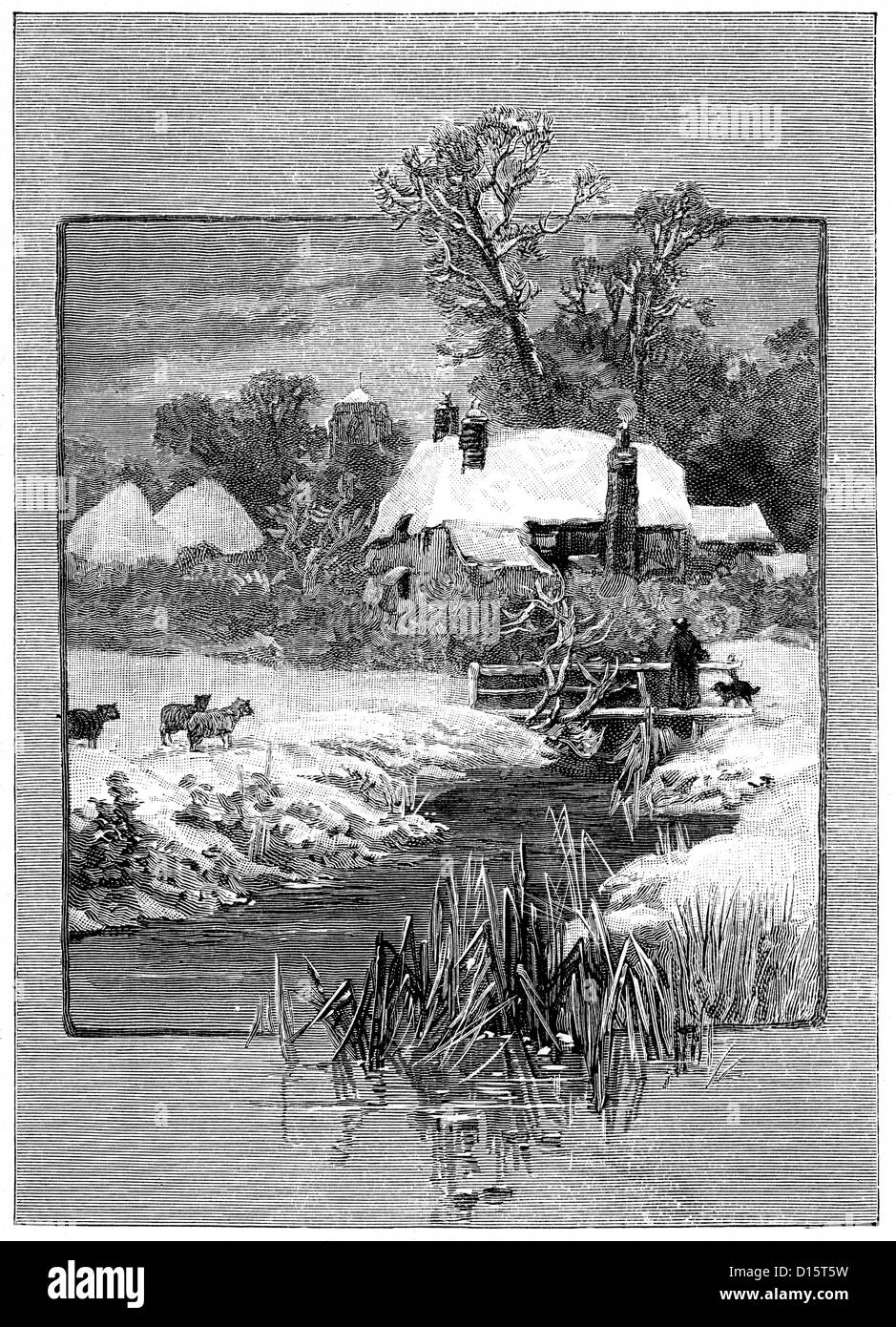 Incisione in stile vittoriano di scena invernale, un torrente ghiacciato e cottage di campagna, 1897 Foto Stock