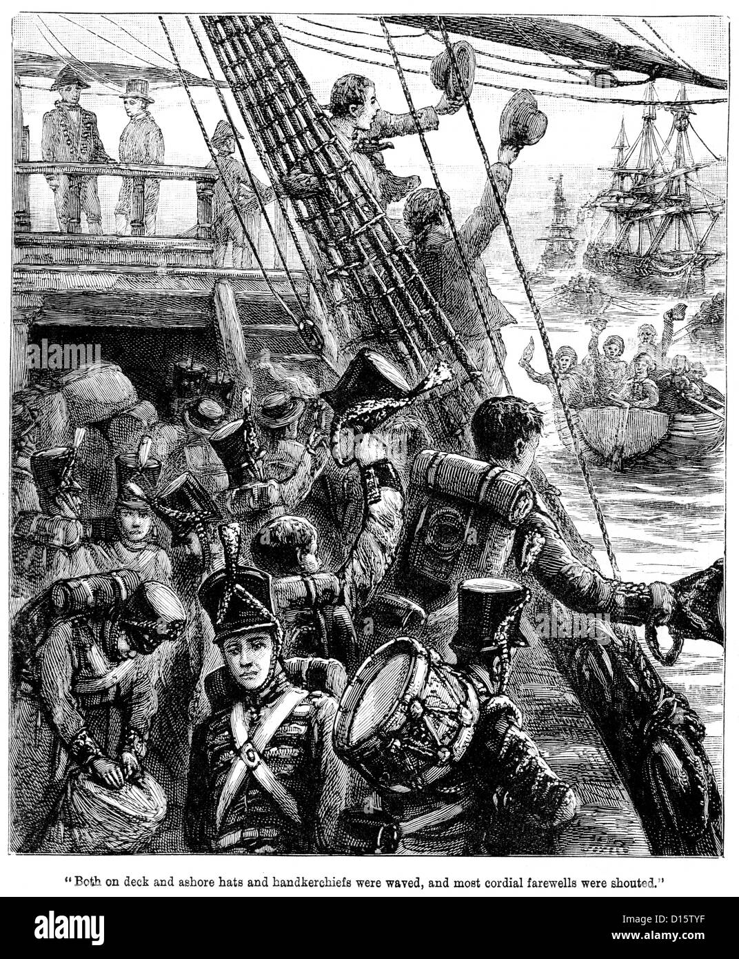 Incisione in stile vittoriano del soldato britannico di epoca napoleonica in partenza per la guerra a bordo di navi. Foto Stock