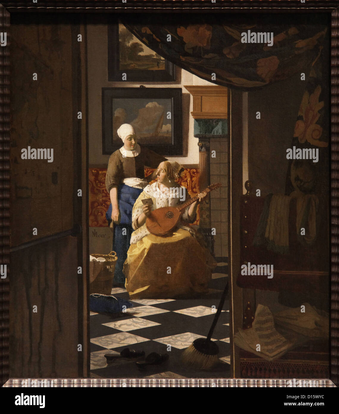 The Love Letter (1669) di Johannes Vermeer. Capolavoro del secolo d'oro olandese che mostra un interno con un servo e una signora. Foto Stock
