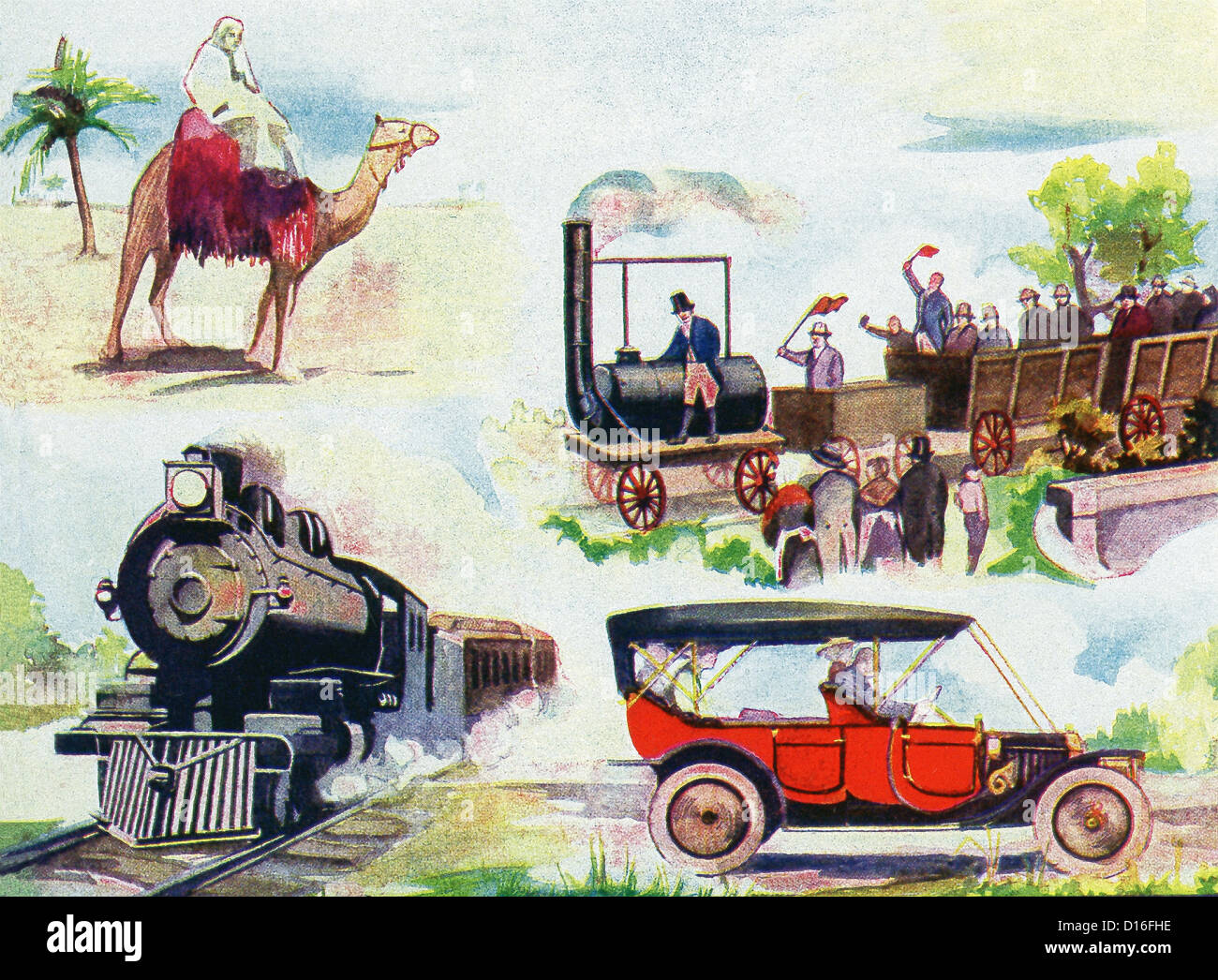 Trasporti terrestri: Camel nave del deserto, il primo convoglio ferroviario in Inghilterra 1825, moderno treno ferroviario, automobile. Foto Stock