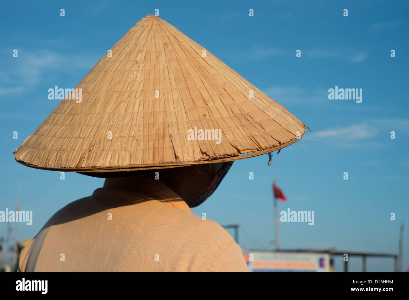 Donna vietnamita indossando il tradizionale bambù hat contro un cielo blu con luce cloud Foto Stock