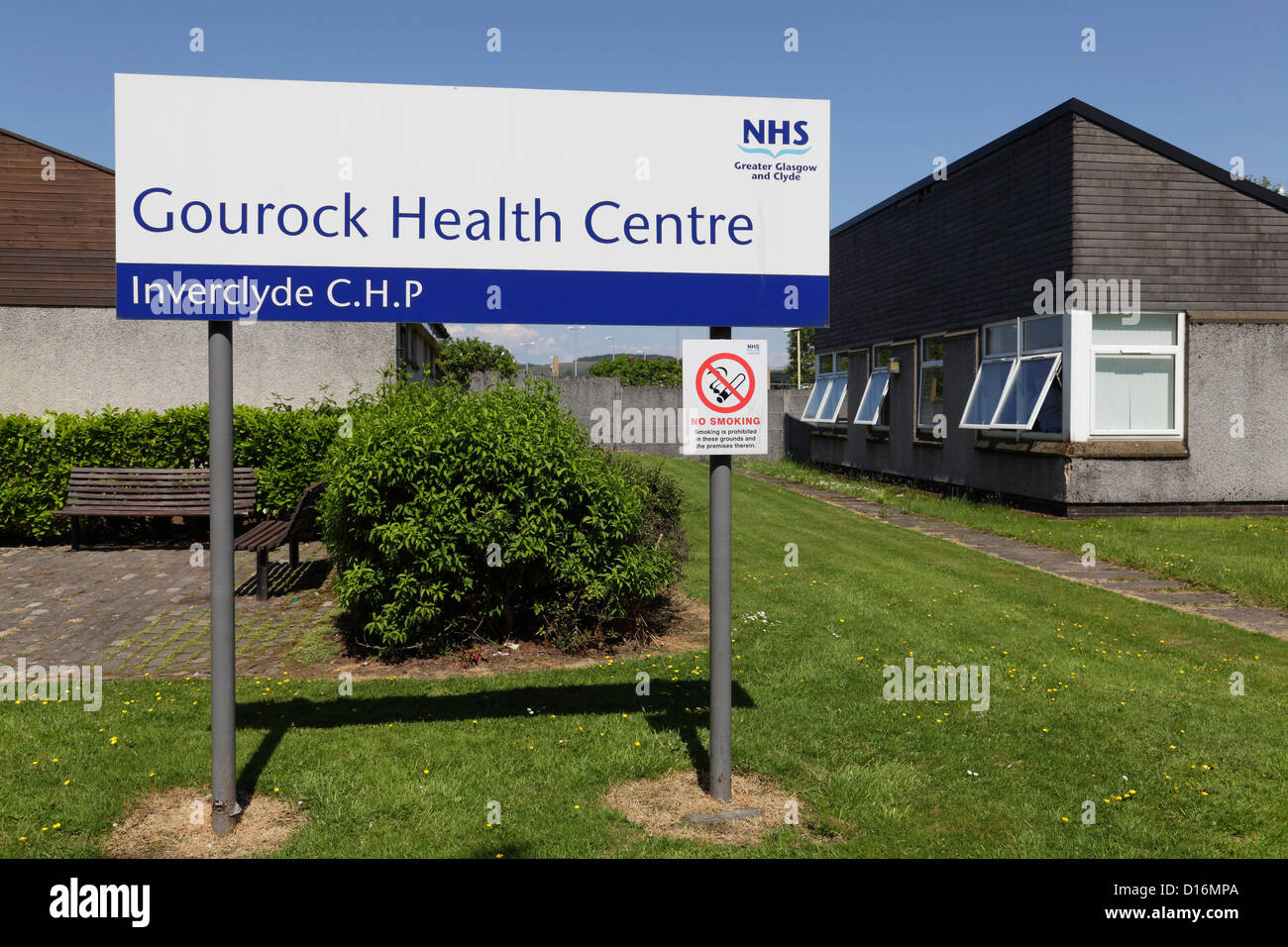 Gourock Centro Salute segno, Inverclyde, Scotland, Regno Unito Foto Stock