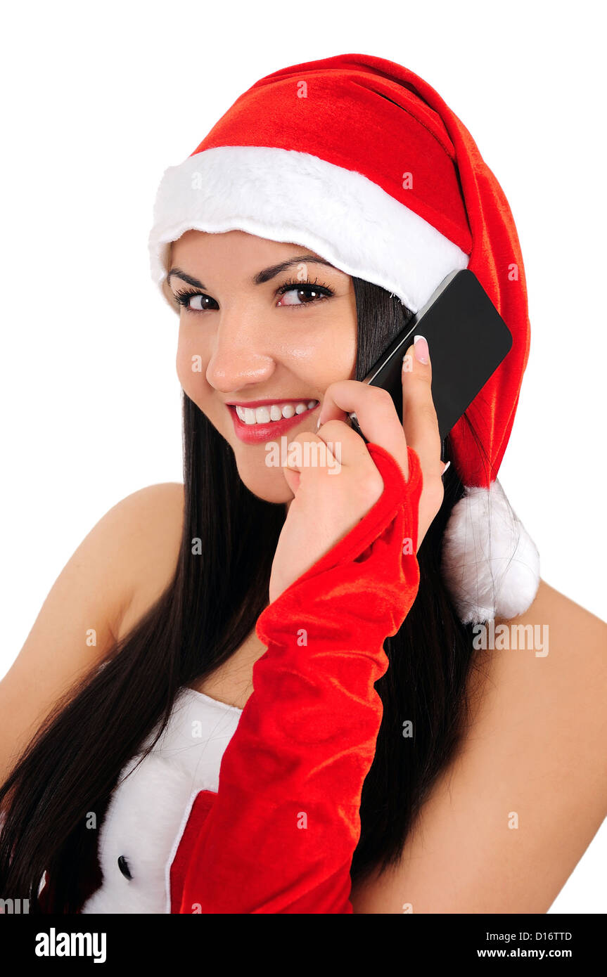 Isolato bruna giovane ragazza di natale parlando telefono Foto Stock