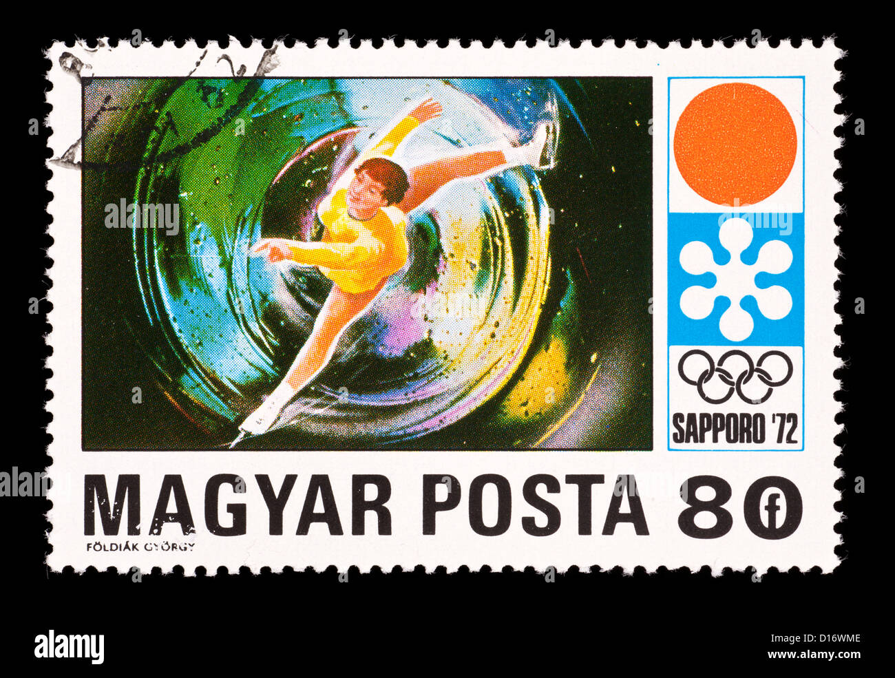 Francobollo da Ungheria raffigurante una figura skater, rilasciati per le Olimpiadi Invernali del 1972 a Sapporo, Giappone Foto Stock