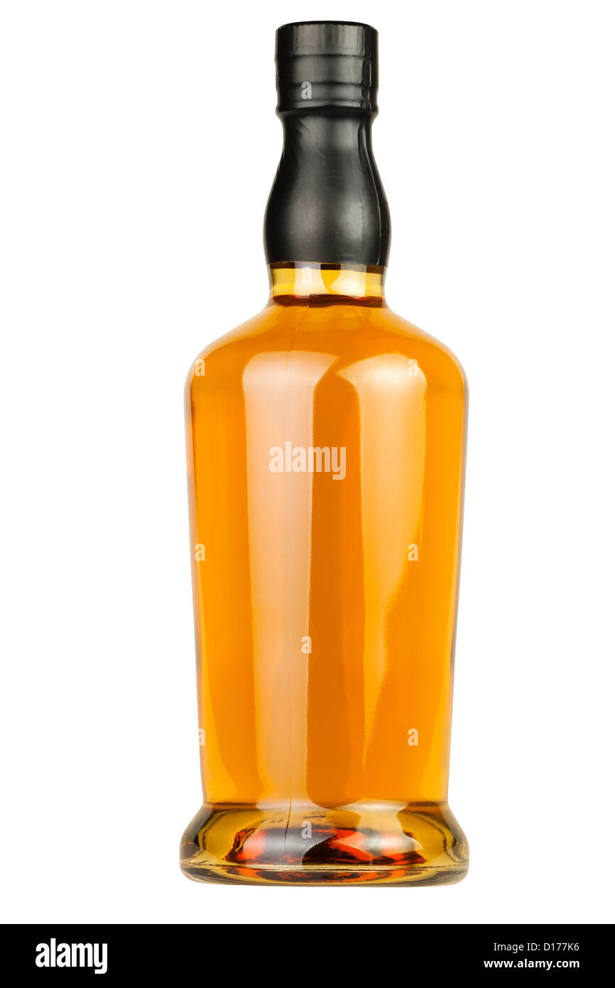 Whiskey bottiglia vuota su sfondo bianco Foto Stock