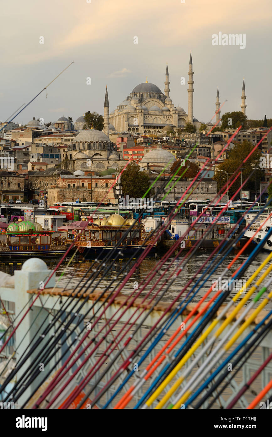 Canne da pesca per la vendita sul Ponte Galata su Golden Horn con la Moschea di Suleymaniye Istanbul Turchia Foto Stock