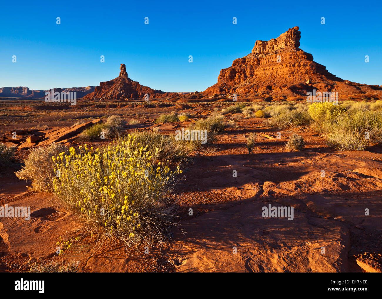 Sitting Hen Butte e Rooster Butte a Sunset, Valley of the Gods, Utah, USA, Stati Uniti d'America Foto Stock