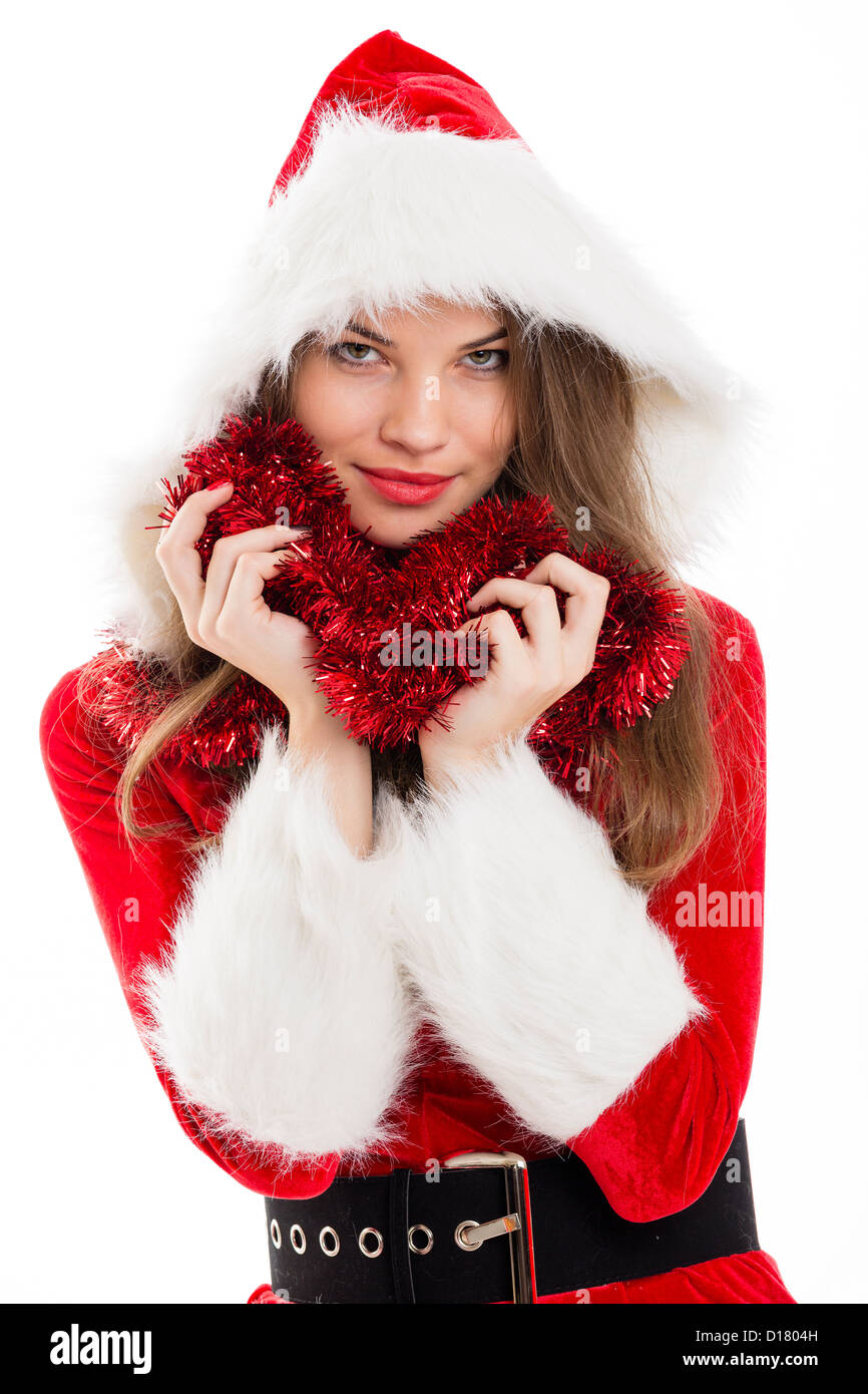 Bella donna felice vestiti da Babbo Natale in posa con tinsel rosso su  sfondo bianco Foto stock - Alamy