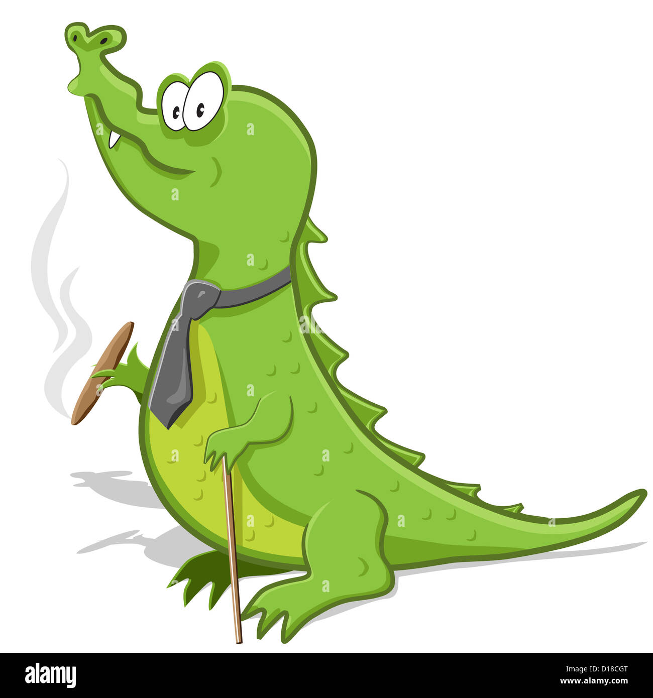 Illustrazione, coccodrillo verde con sigaro e bastone da passeggio Foto Stock