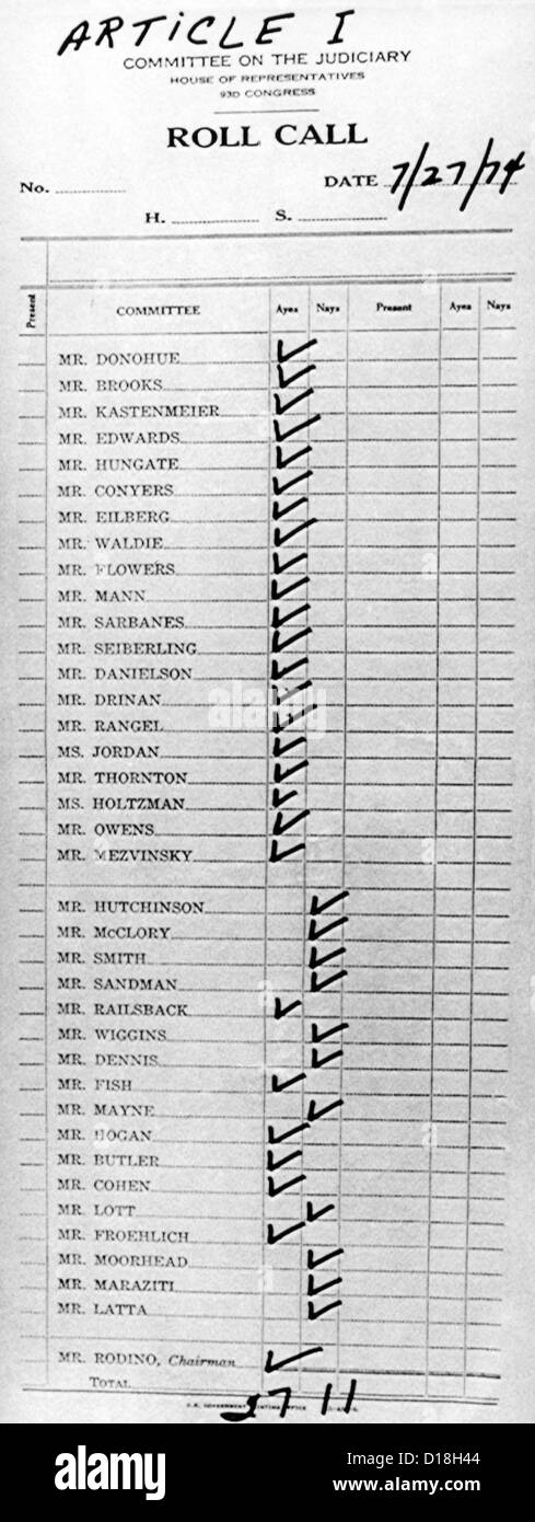 Casa Comitato Giudiziario impeachment voto il foglio di calcolo. Il voto è stato di 27 a 11 di impeachment del presidente Richard Nixon Foto Stock