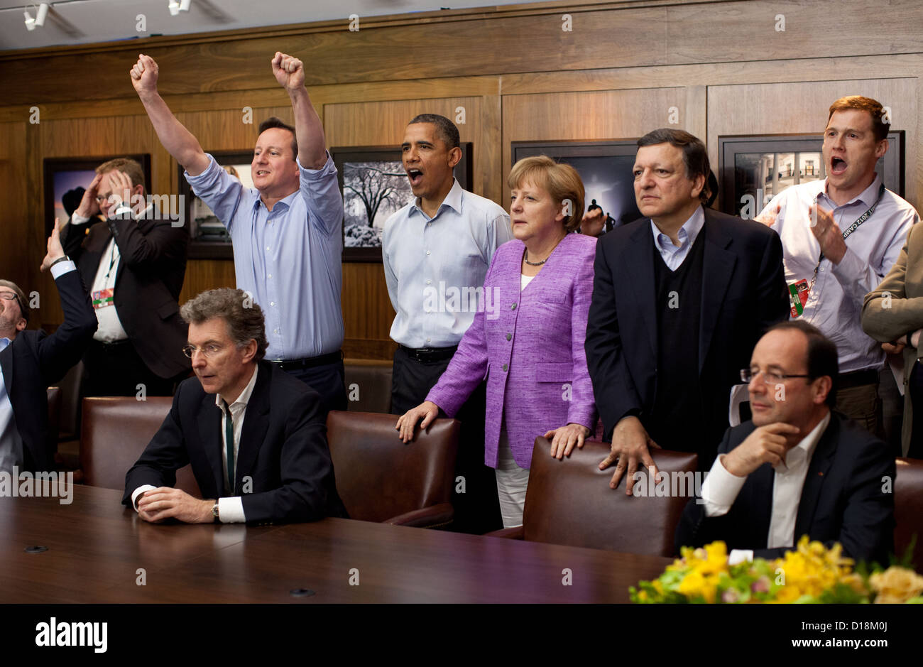 Il Primo Ministro David Cameron del Regno Unito, presidente Barack Obama, il Cancelliere tedesco Angela Merkel di Germania, José Manuel Foto Stock