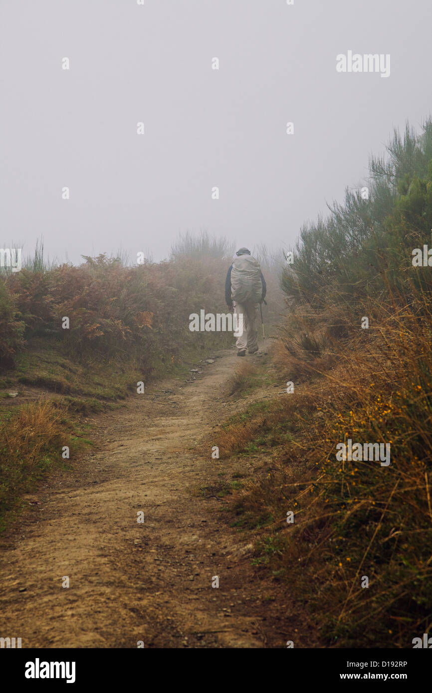 Pellegrino maschio a piedi lungo il Camino de Santiago in Galizia Spagna, a piedi un ripido dislivello in salita nella nebbia lungo un sentiero roccioso Foto Stock
