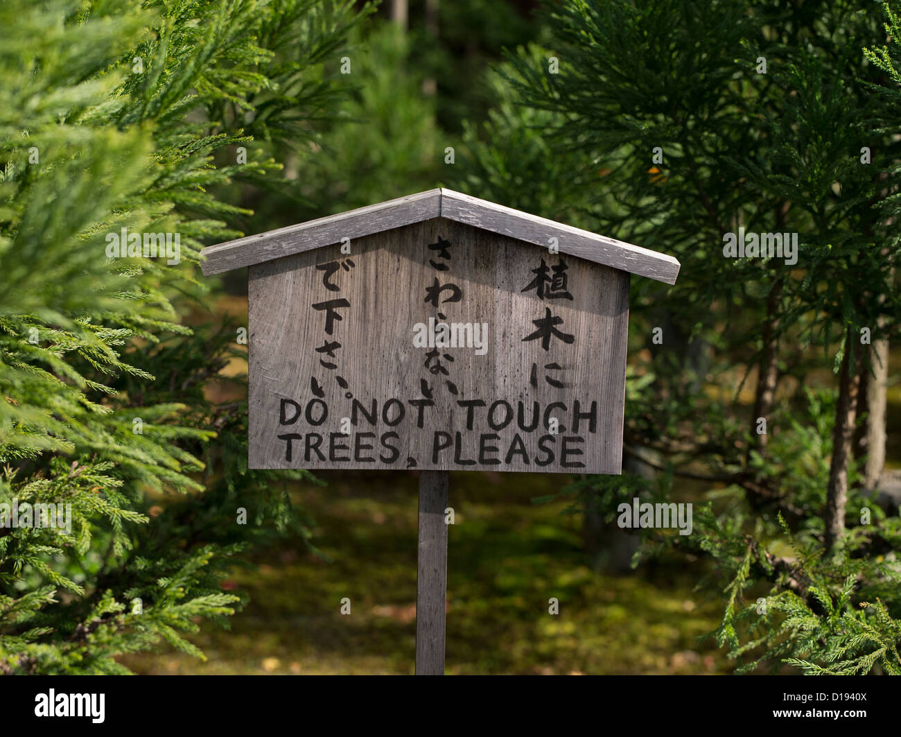 Non toccare il segno di alberi in inglese e giapponese all'interno del tempio di Ryoanji gardens, Kyoto Foto Stock