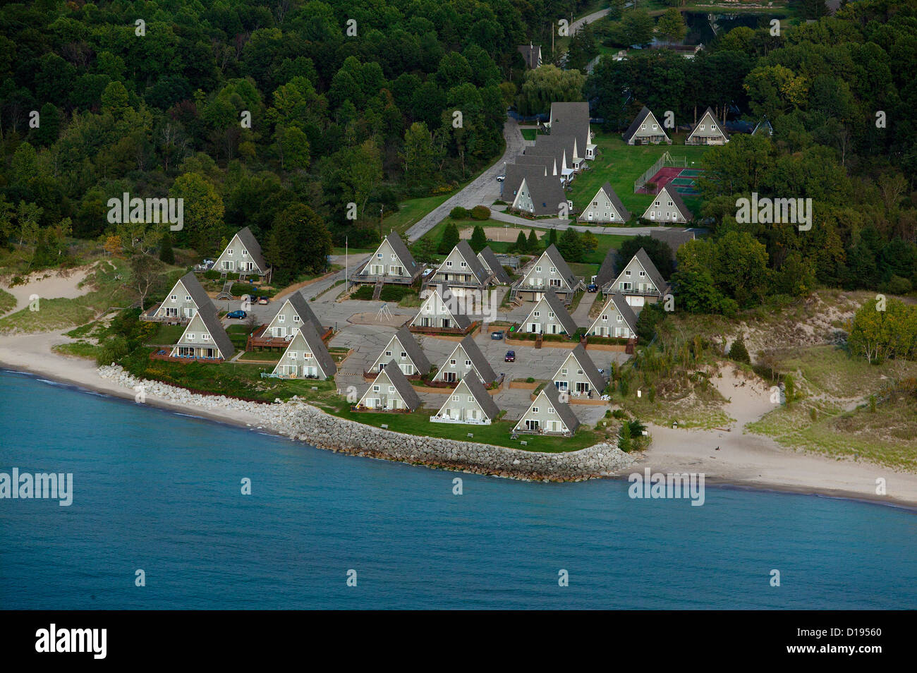 Fotografia aerea un telaio case vacanza sul Lago Michigan shoreline, Stevensville, MI Foto Stock
