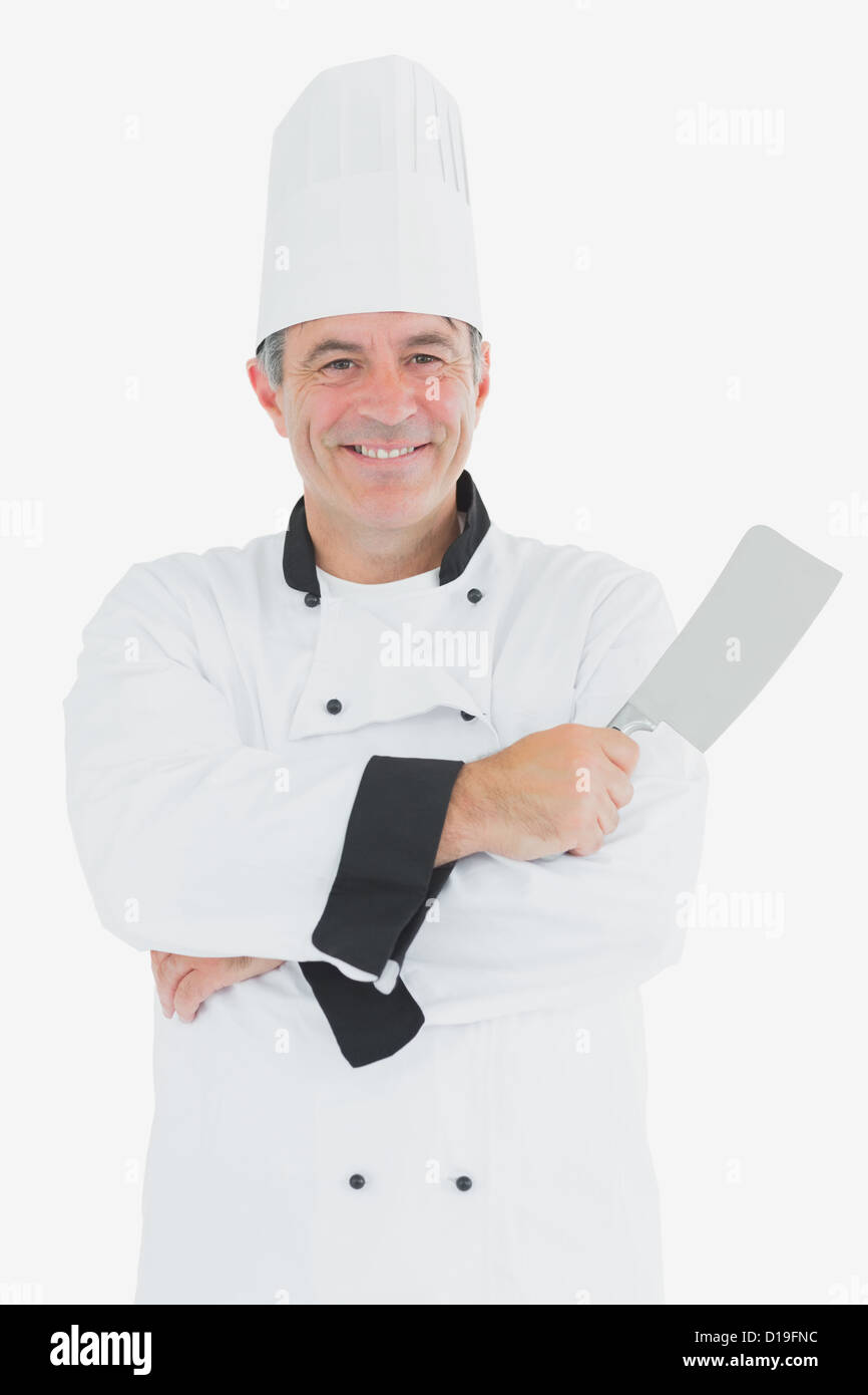 Lo chef felice azienda mannaia a base di carne Foto Stock