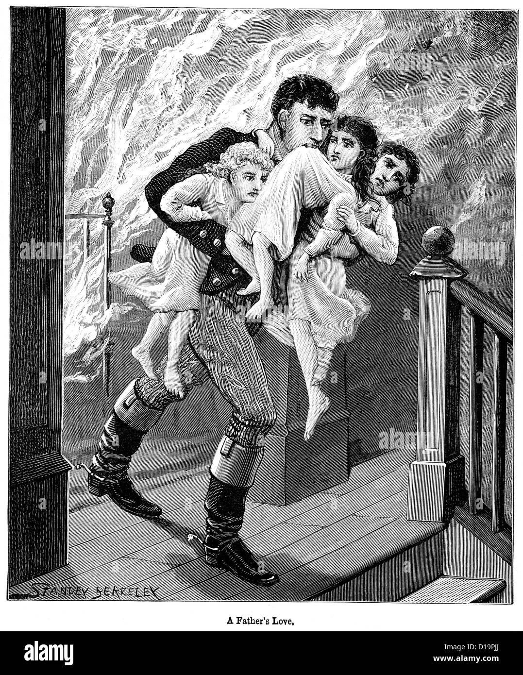 Incisione in stile vittoriano di un padre risparmi i suoi figli da una casa in fiamme, 1897 Foto Stock