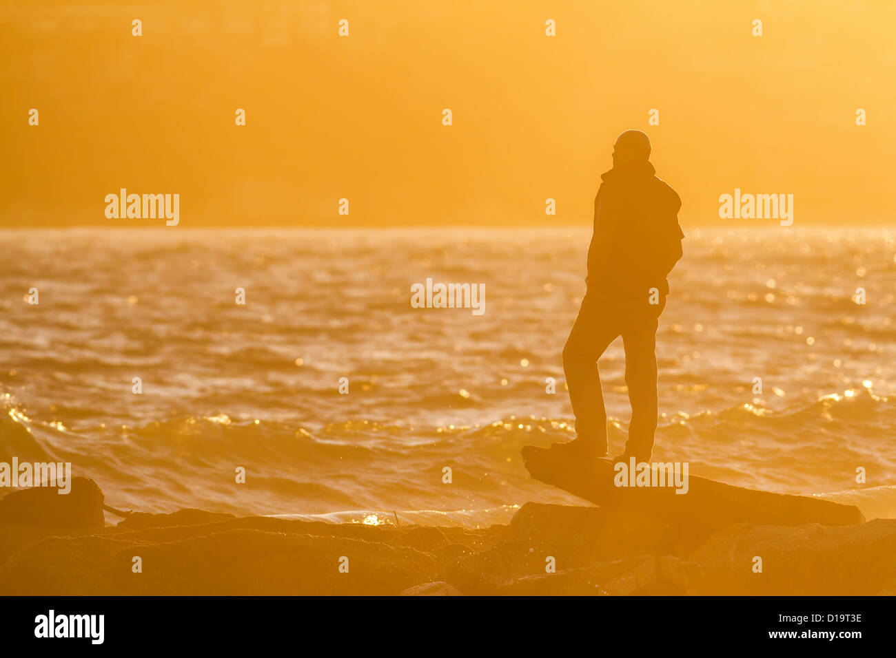 L'uomo stare su una roccia in luce posteriore Foto Stock