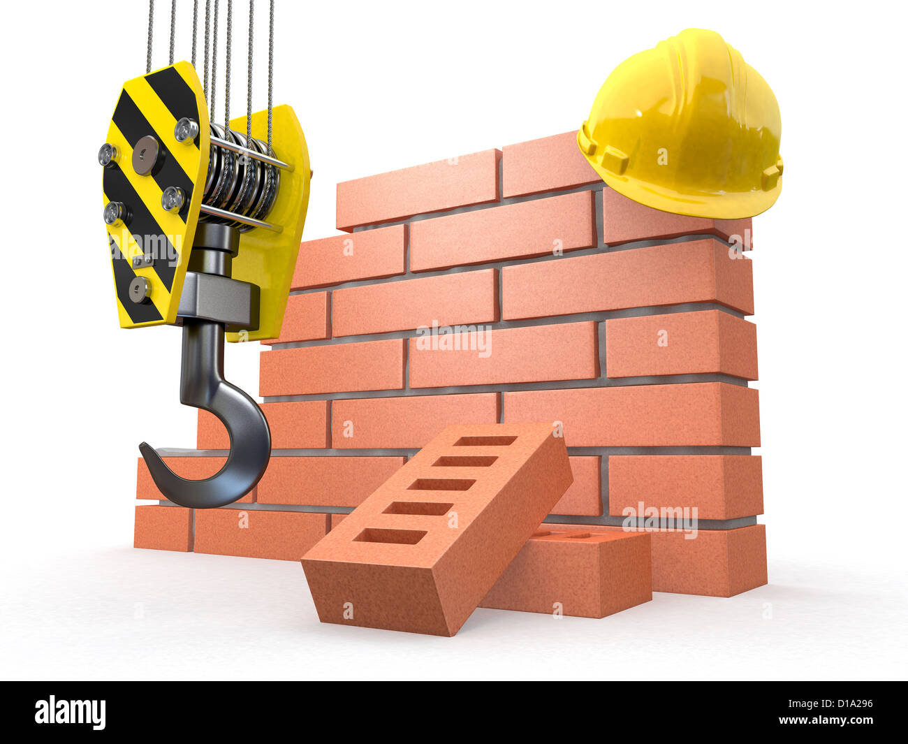 In costruzione. Un muro di mattoni, gru e compressori hardhat. 3d Foto Stock