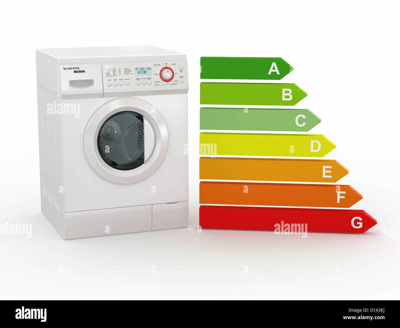 Macchina di lavaggio con la scala di efficienza energetica. 3d Foto Stock
