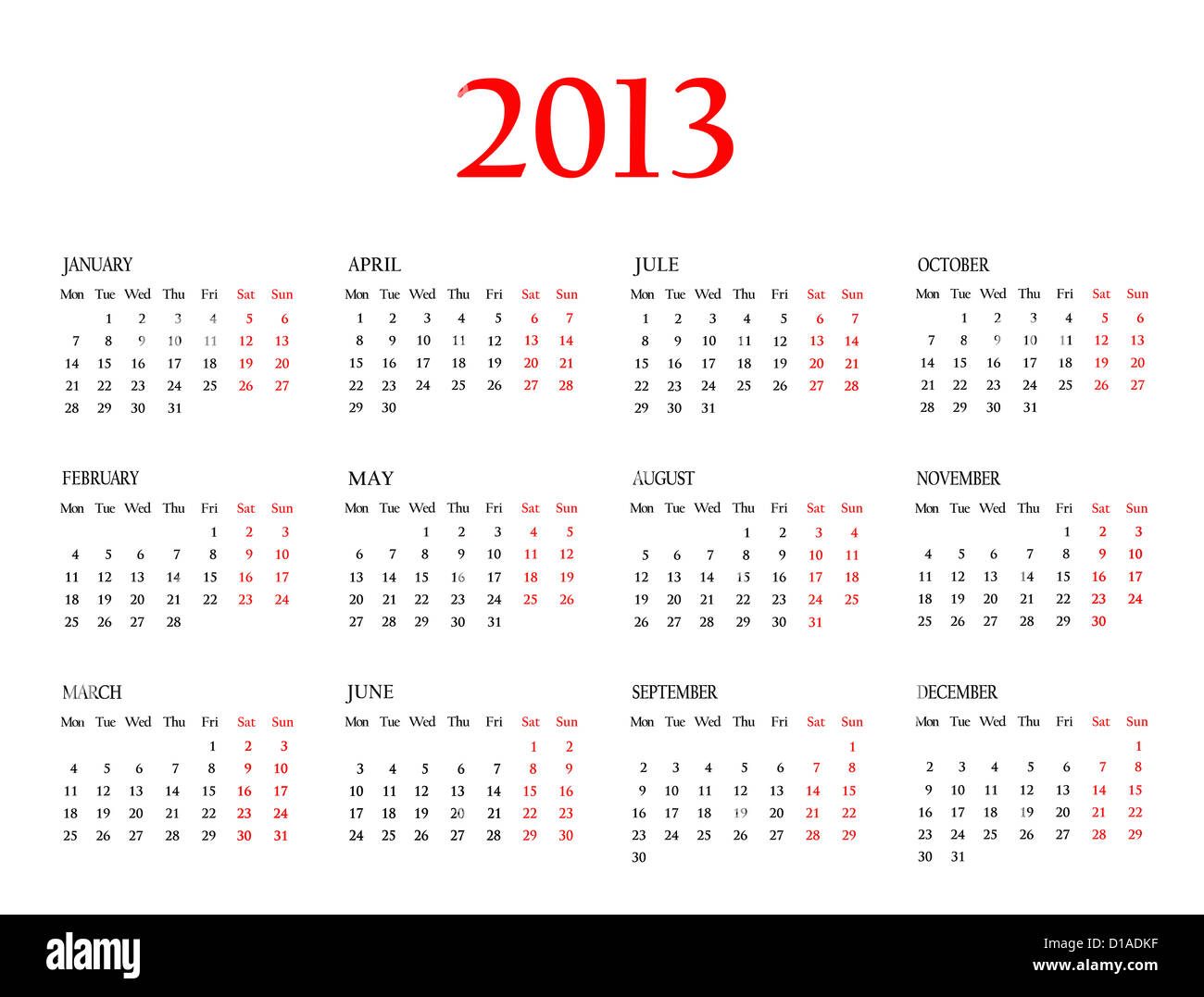Modello del calendario 2013 per la progettazione. Foto Stock
