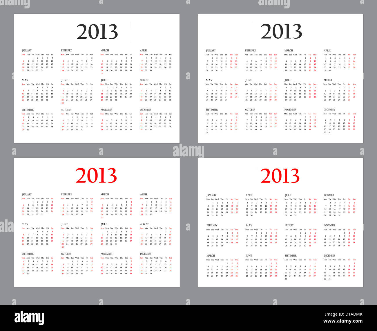Impostare il modello di calendari per il 2013 su sfondo bianco Foto Stock