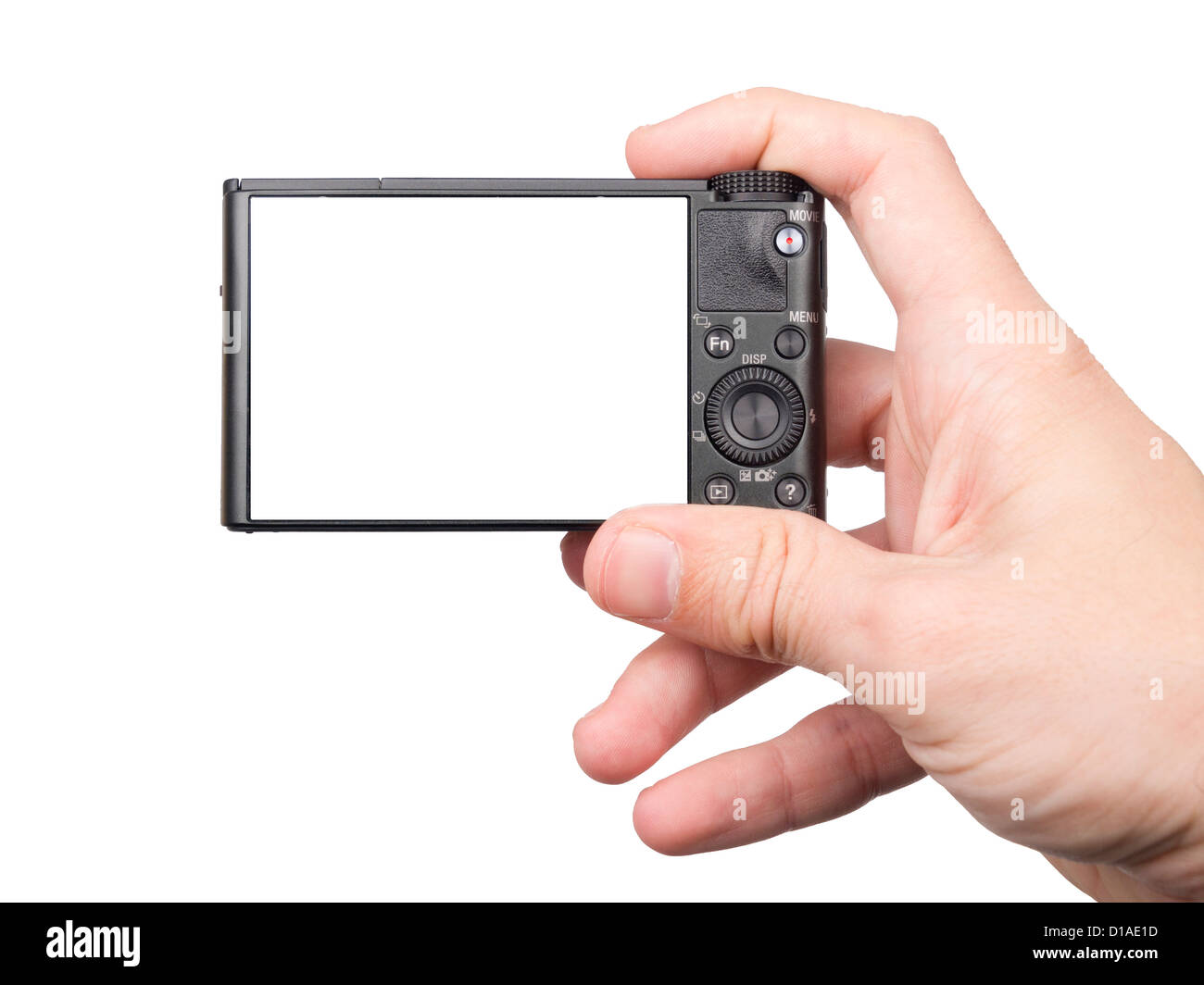 Vista posteriore della stampante digitale compatta detenute dalla mano del Caucaso Foto Stock