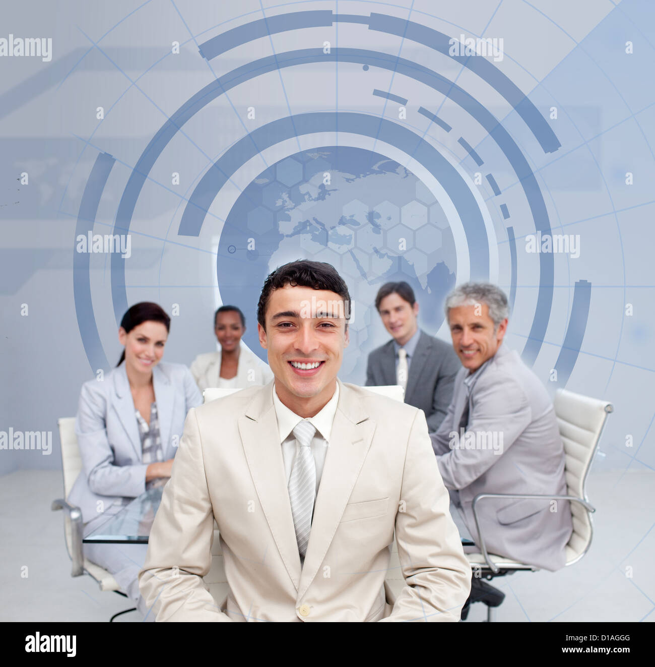 Il team di Business sorridente con una massa blu illustrazione Foto Stock