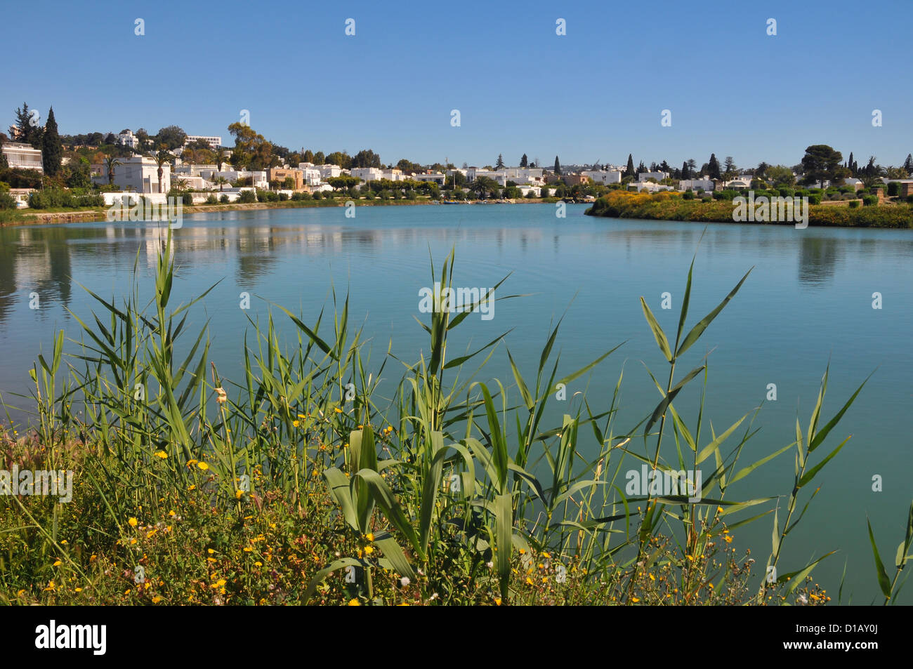 Una città sulle sponde di un lago. Foto Stock