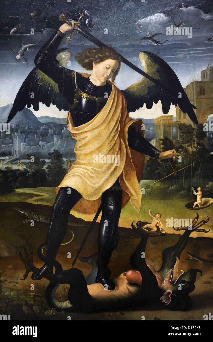 L'arcangelo Michele con il drago, c.1500. Ignota. Autore spagnolo. Museo Nazionale di Arte. Copenhagen. La Danimarca. Foto Stock