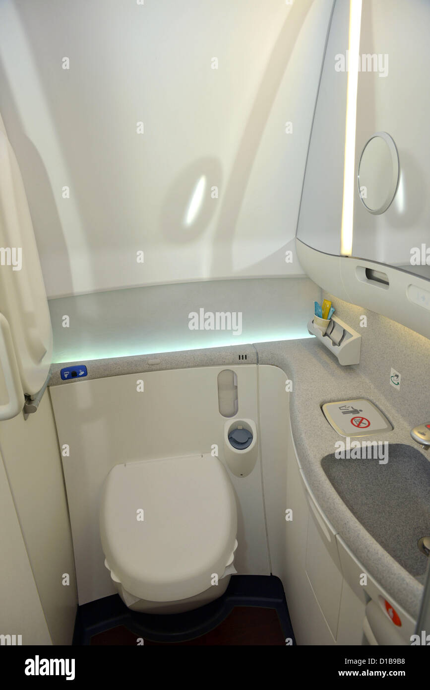 Arrivo a Heathrow del primo Qatar Dreamliner Boeing (787) Il servizio iniziato oggi Gio 13 Dic 2012 battenti a Doha in questo loro ultimo aereo. Servizi igienici in una sezione economia del Dreamliner. Foto di: Dorset Servizio media Foto Stock