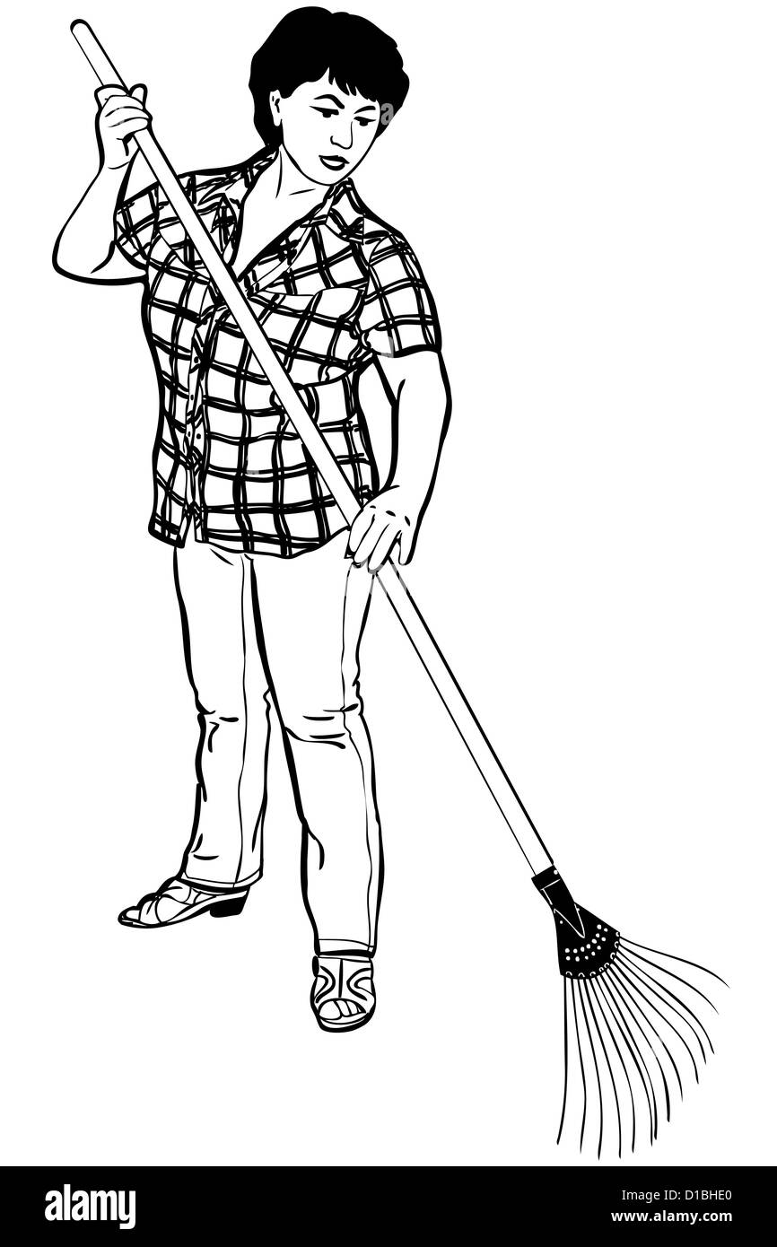 Un schizzo di donna di agricoltore con rastrelli in mani Foto Stock