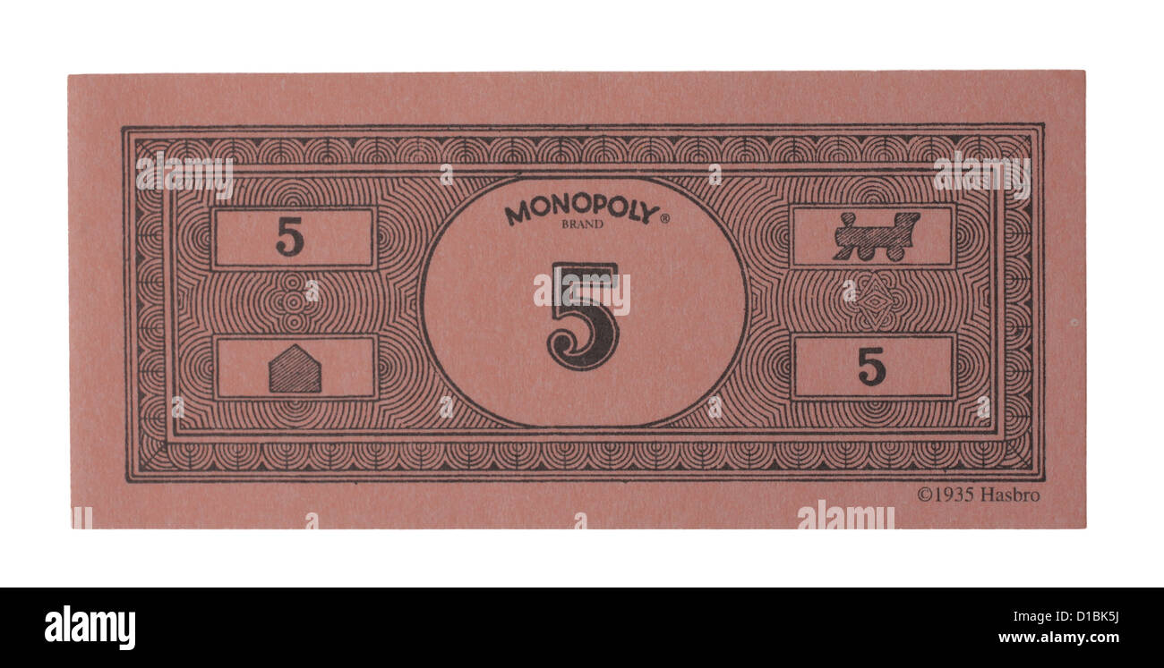Gioco di monopoli 5 banca nota Foto stock - Alamy