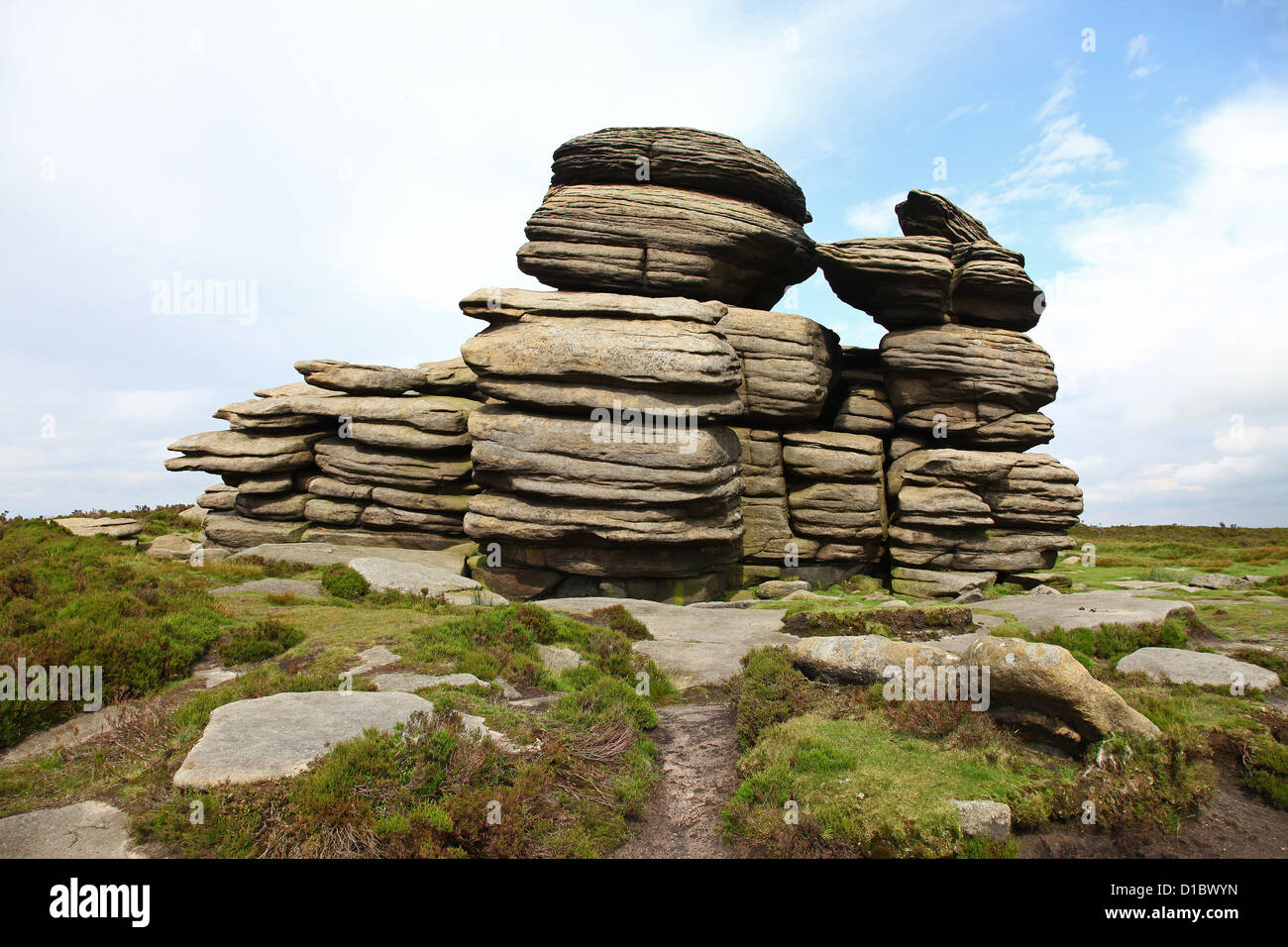 Le pietre di ruota o pullman e cavalli Weathered roccia arenaria forme bordo Derwent Parco Nazionale di Peak District Derbyshire Inghilterra Foto Stock