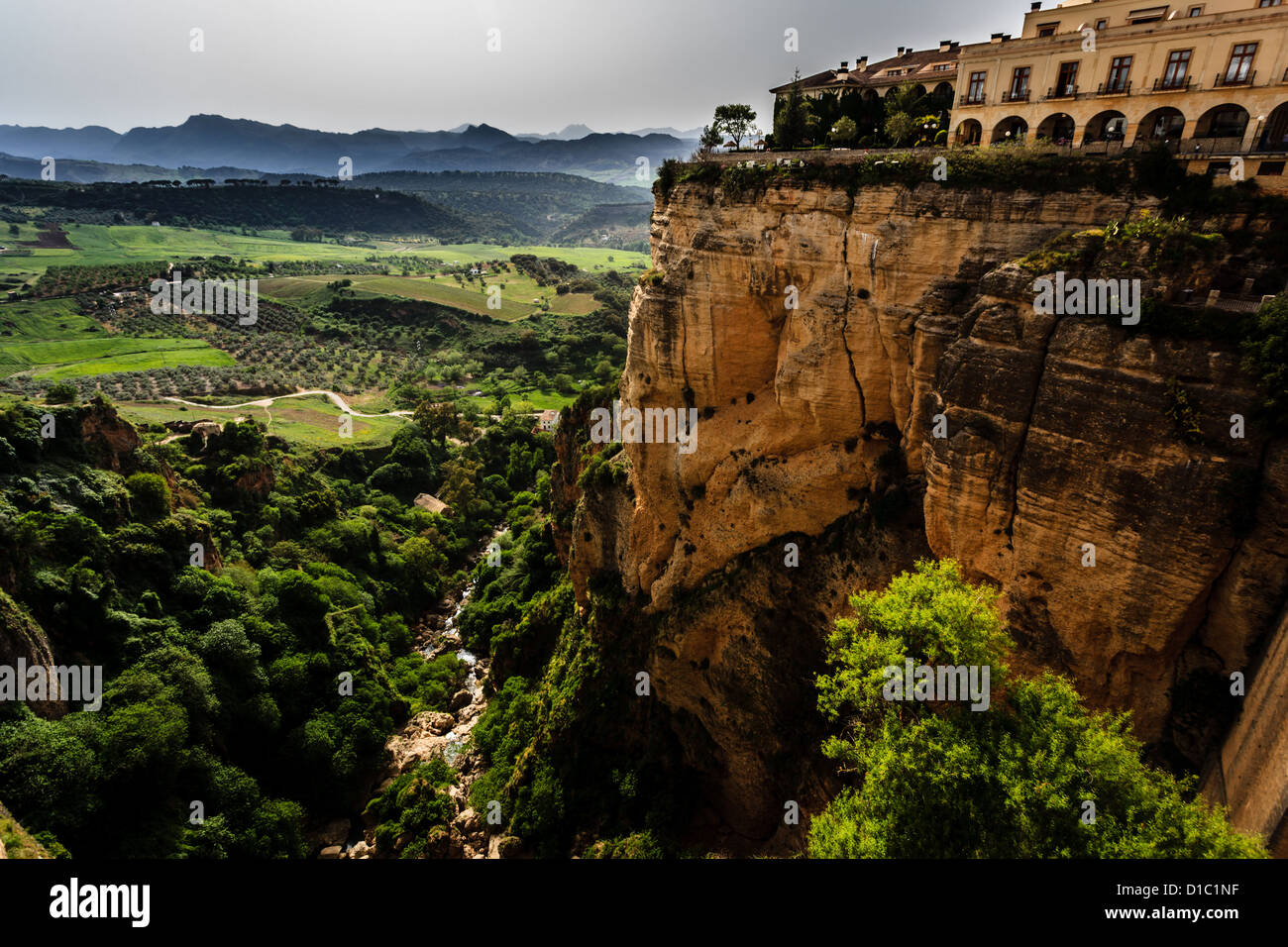 Vista del paesaggio di fertili campi e vigne nella fertile valle al di sotto della città di Ronda in Spagna Foto Stock