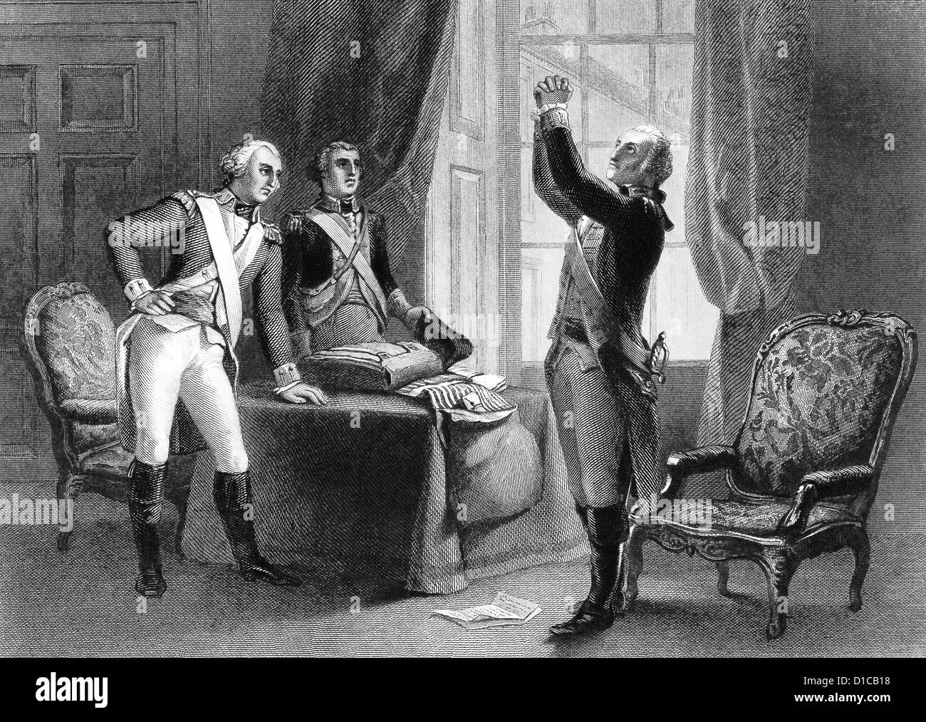 Questa 1856 illustrazione mostra generale George Washington raccontare della visione che apparve nel 1777. Foto Stock