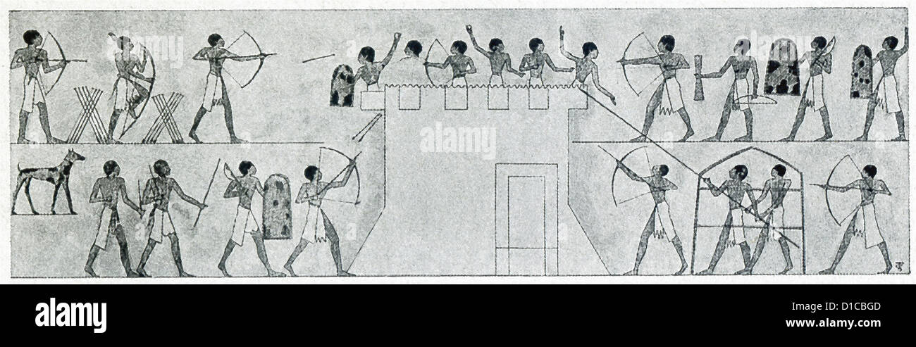 Questa illustrazione di un assedio di una fortezza mostra un attacco su un egiziano fortezza da truppe portante i vari bracci. Foto Stock