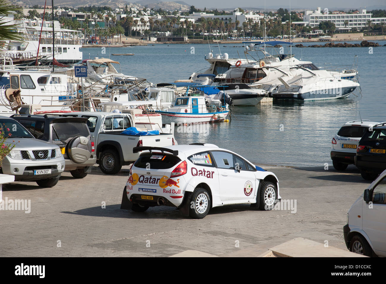 Vincitore del Rally Cipro 2012 Nassar Al Attiyah nella sua Ford Fiesta RRC sul porto di Paphos Cipro Foto Stock