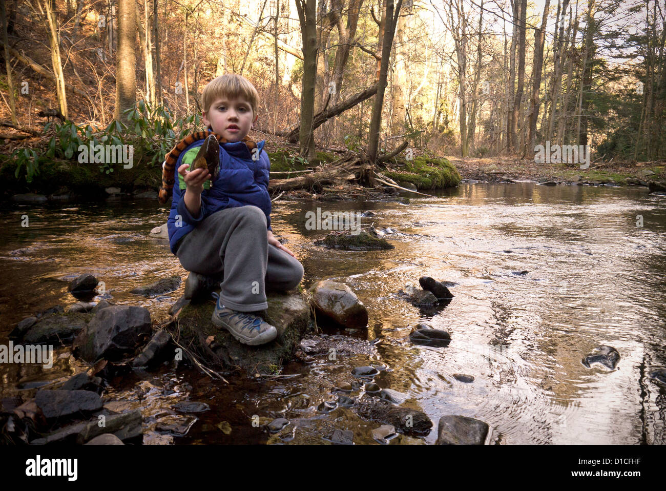 Piccolo Ragazzo seduto sulla roccia al centro di un flusso Foto Stock