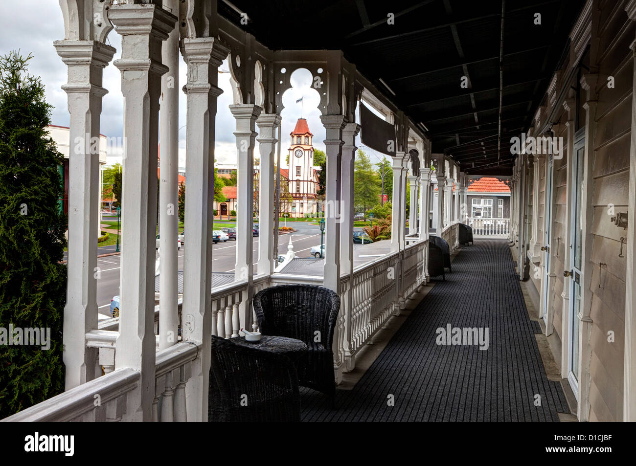 Rotorua Torre dell Orologio dal balcone del Princes Gate Hotel. Foto Stock