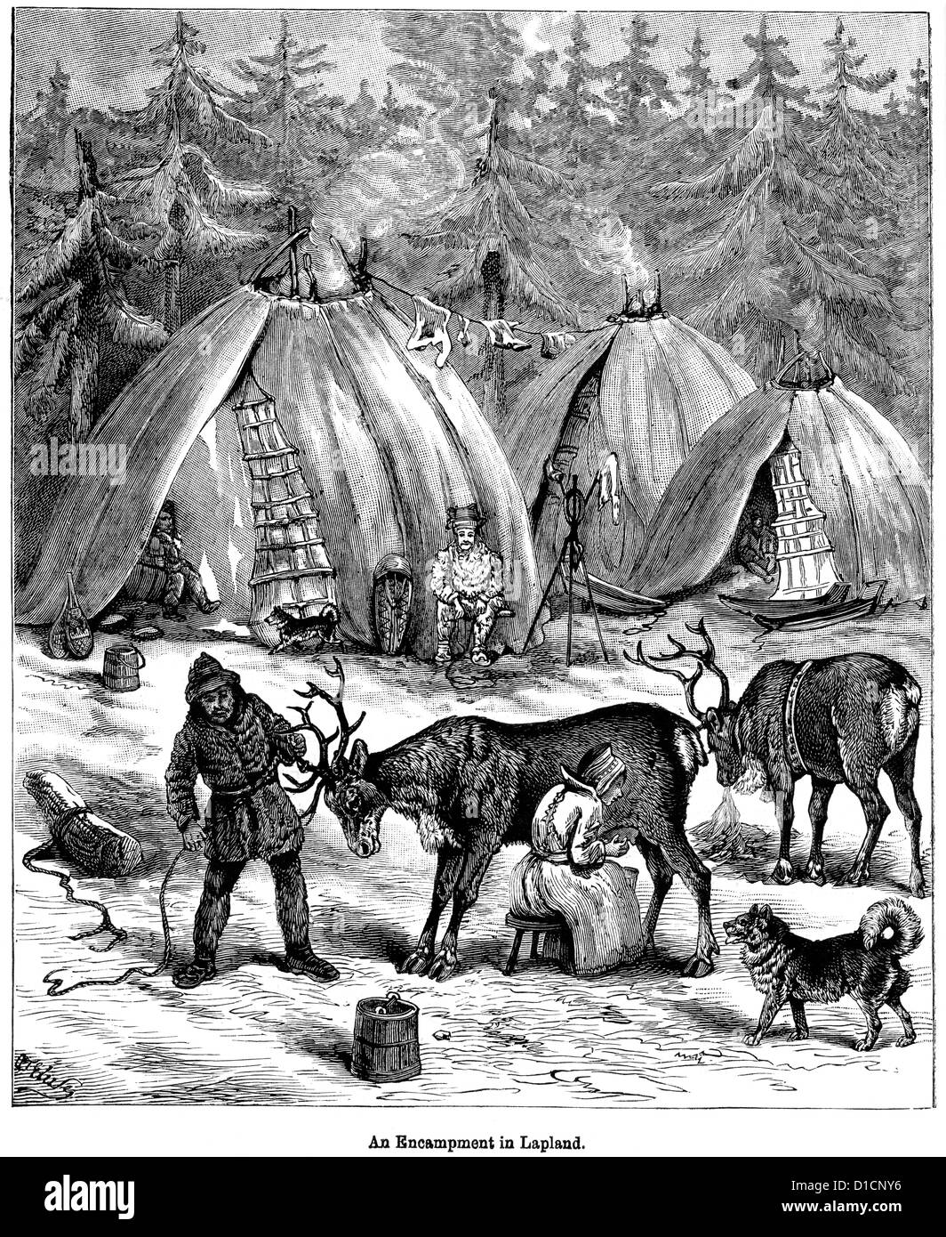 Incisione in stile vittoriano di un accampamento in Lapponia, 1897 Foto Stock
