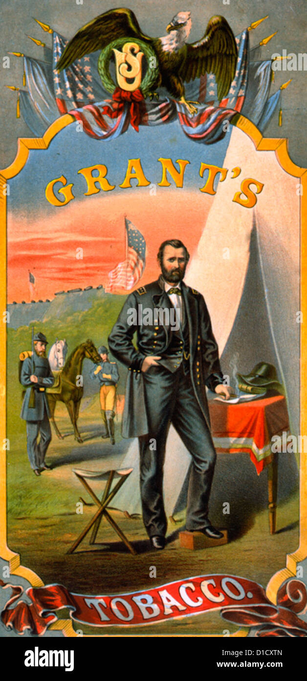 Sovvenzione al tabacco - generale Ulysses Simpson Grant, durante la guerra civile, in piedi davanti alla sua tenda, tenendo il sigaro. Foto Stock