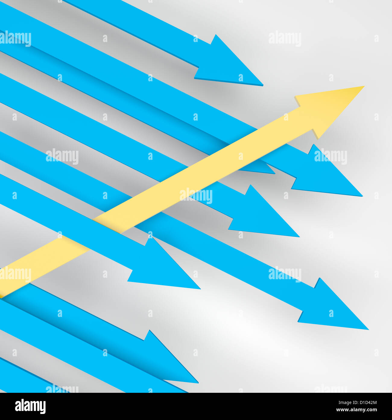 3D render illustrazione di una freccia gialla che mostra la traiettoria diversa rispetto ai suoi concorrenti. Foto Stock