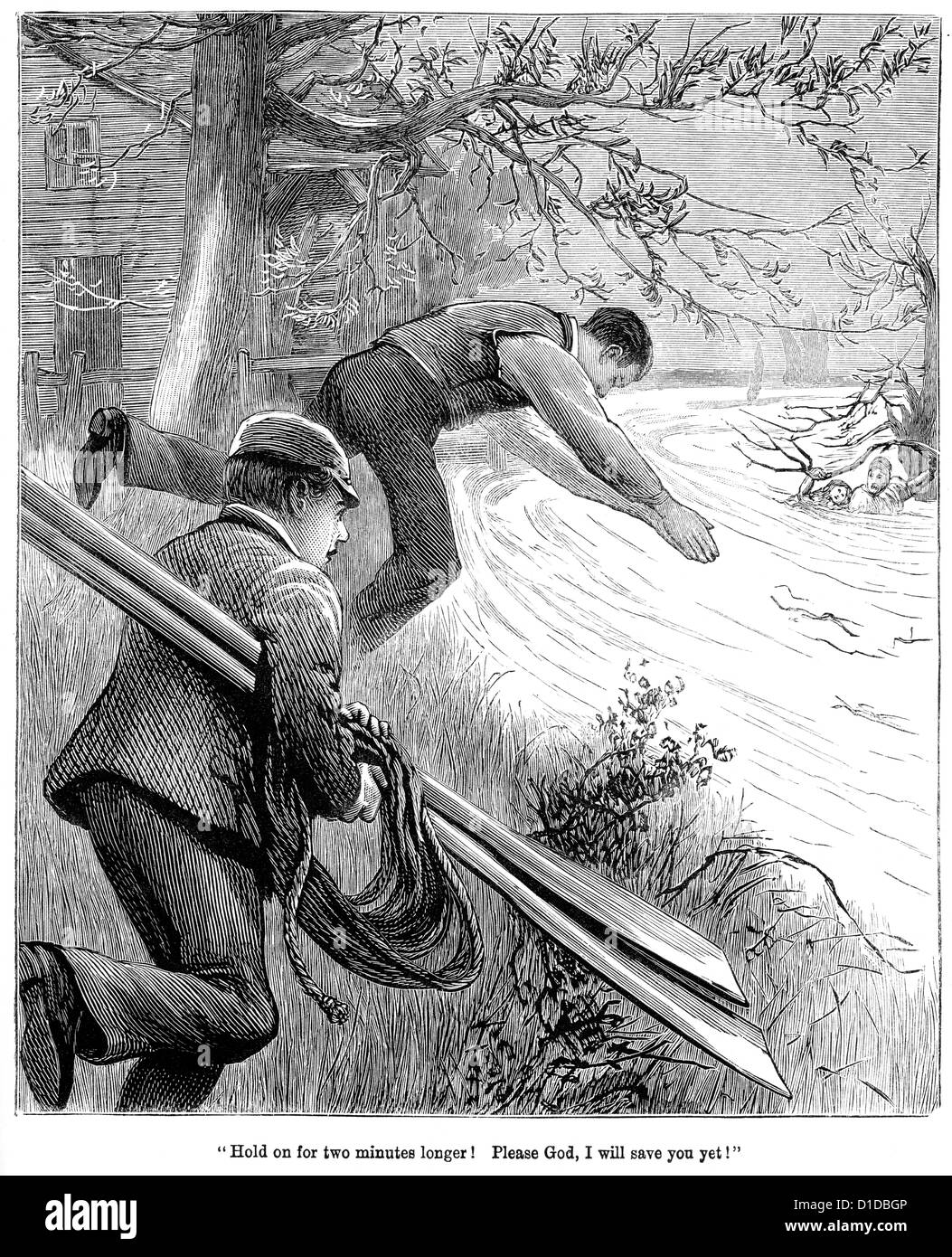 Incisione in stile vittoriano di due uomini correndo per salvare la gente annega in un fiume, 1897 Foto Stock